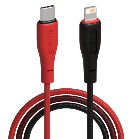 Cables Portronics HUE X - Type C To 8 Pin 20W 1M, Black+Red